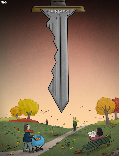 Cartoon: Sword of Damocles (medium) by Tjeerd Royaards tagged corona,coronavirus,virus,pandemic,second,wave,lockdown,corona,coronavirus,virus,pandemic,second,wave,lockdown