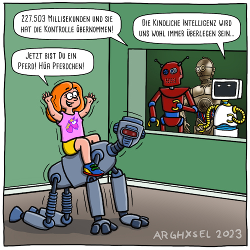Cartoon: Kindliche Intelligenz vs KI (medium) by Arghxsel tagged intelligenz,ki,kinder,roboter,überlegen,unterlegen,mädchen,pony,reiten