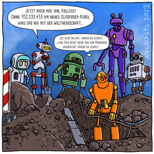 Cartoon: Roboter Bauarbeiter (medium) by Arghxsel tagged roboter,maschinen,ki,bauarbeiten,glasfaser,computer,schaufel