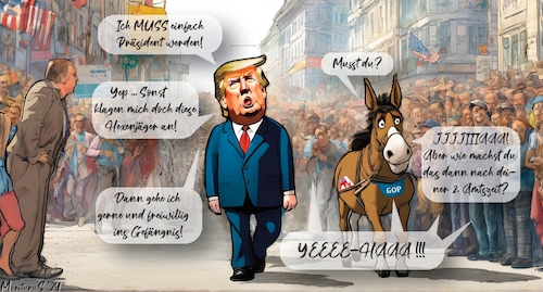 Cartoon: GRÖLAZ 2 - Nach 2. Amtszeit? ... (medium) by MorituruS tagged donald,trump,comeback,wiederwahl,supertuesday,grölaz,größter,lügner,aller,zeiten,pinocchio,lange,nase,schwerverbrecher,auf,esel,jubeln,maga,make,america,great,again,stop,the,steal,election,sturm,capitol,republikaner,grand,old,party,gop,beendigung,zweite,amtszeit,cartoon,moriturus