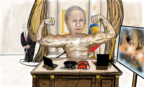 Cartoon: Der starke Mann im Kreml? (medium) by SchmidtFineArt tagged art,krieg,kriese,karikatur,kunst,russland,putin,man,mann,präsident,gesellschaft,europa,politik,politiker,ukraine,cartoon,comic,demokratie,deutschland,humor,illustrtion,medien,regierung