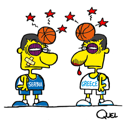 Cartoon: FIGHT GREECE VS SERBIA BASQUET (medium) by QUEL tagged fight,greece,vs,serbia,basquet,friendly,game