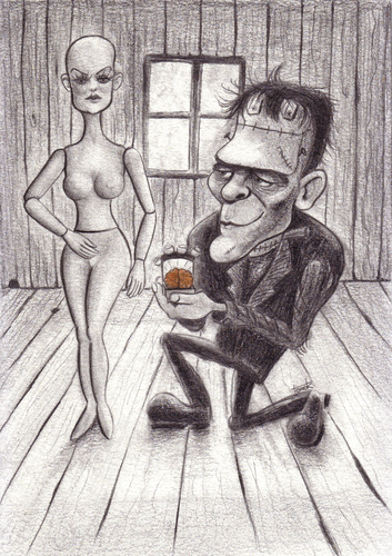 Cartoon: Losing my mind (medium) by Tomek tagged frankenstein,monster