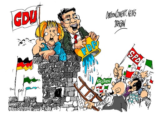 Cartoon: Angela Merkel-Philipp Rösler (medium) by Dragan tagged angela,merkel,philipp,rösler,alemania,elecciones,cdu,spd,fdp,politics,cartoon