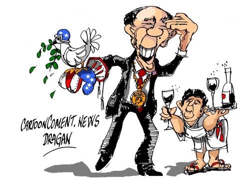 Cartoon: Barack Obama-tendiendo la mano (medium) by Dragan tagged barack,obama,estados,unidos,eeuu,japon,tokio,paz,politics,cartoon