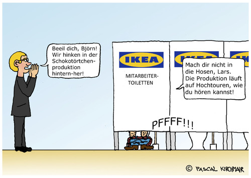 Cartoon: Ikea Escherichia coli (medium) by Pascal Kirchmair tagged schokotörtchen,ikea,fäkalien,kolibakterien,escherichia,coli,infiziert