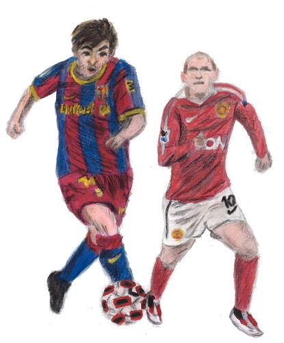 Cartoon: Lionel Messi and Wayne Rooney (medium) by Pascal Kirchmair tagged de,joueur,meilleur,weltfußballer,fußballer,bester,dribbelkünstler,fußball,football,foot,soccer,des,ligue,league,champions,united,manchester,fc,barcelona,barca,messi,lionel,rooney,wayne,manu