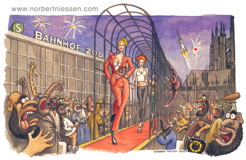 Cartoon: Bahnhof Zoo (medium) by Niessen tagged bahnhof,bahn,fest,koeln,kathedrale,dom,laufsteg,mode