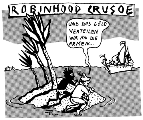 Cartoon: Robinhood Crusoe (medium) by BiSch tagged piraten,gerechtigkeit,reichtum,armut,isle,insel,freitag,crusoe,hood,robin,robinson crusoe,freitag,insel,literatur,reichtum,gerechtigkeit,piraten,armut,robinson,crusoe