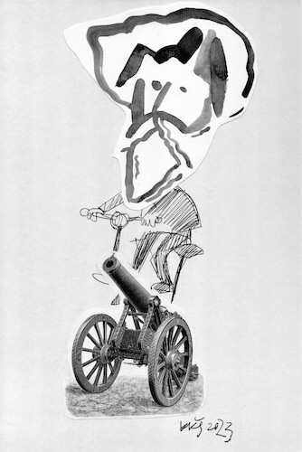 Cartoon: Bicycle. Self-caricature (medium) by Kestutis tagged bicycle,cannon,guns,weapons,selfcaricature,kestutis,lithuania