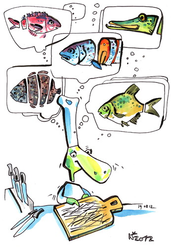 Cartoon: LINES (medium) by Kestutis tagged pike,messer,knife,pirates,turtle,lithuania,siaulytis,kestutis,cook,kitchen,animal,pirate,chef,adventure,food,fish,lines,hecht