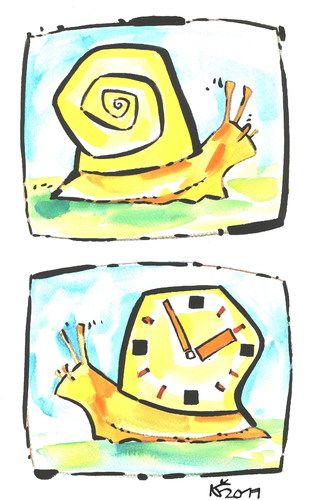 Cartoon: MECHANICAL CLOCK (medium) by Kestutis tagged clock,mechanics,spring,spiral,snail,schnecke,tier,animal,mystery,confidence
