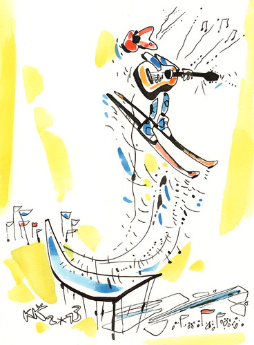 Cartoon: Ski jumping. Lark effect (medium) by Kestutis tagged winter,sports,olympic,sochi,2014,ski,jumping,bird,effect,guitar,music,kestutis,lithuania