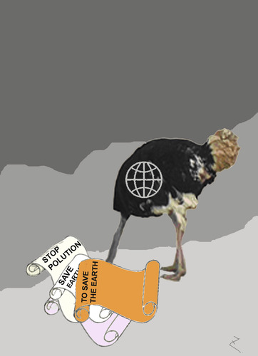 Cartoon: stuck in the declarations (medium) by Zoran tagged pollution,earth,planet,globe,declarations,verbalism,stuck,ostrich
