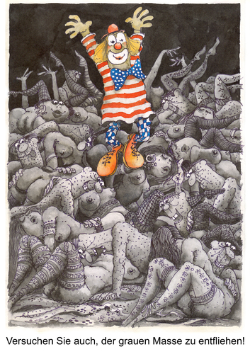 Cartoon: ohne Titel (medium) by jiribernard tagged herausspringen,entfliehen,monotonie,langweiligkeit,eintönigkeit,klaun,masse,graue,masse,eintönigkeit,langweiligkeit,grau,clown,monotonie,entfliehen