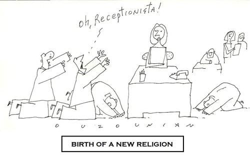 Cartoon: new religion (medium) by ouzounian tagged receptionists,religions,warship,men,women
