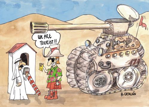 Cartoon: TURISMO (medium) by HCATALAN tagged desierto,petroleo,oil,guerra,war,soldado,soldier,tanque,arena