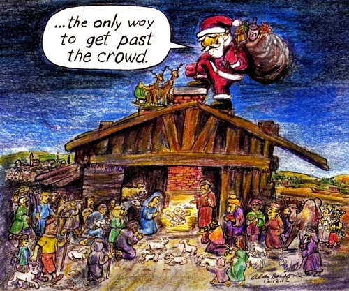 Cartoon: Santa Nativity (medium) by Alan tagged gifts,chimney,sheep,schafe,krippe,weihnachten,menschenmenge,crowd,christmas,jesus,tintin,nativity,santa,bethlehem