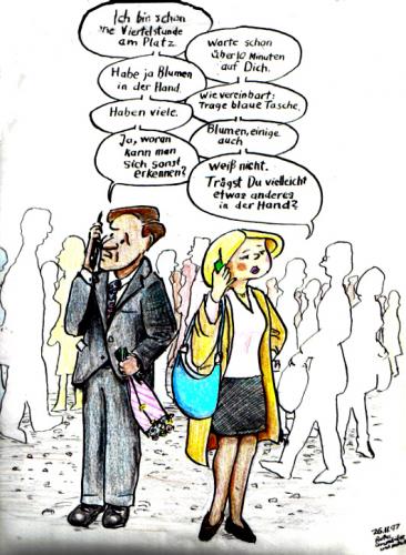 Cartoon: Treffen per Handy (medium) by Alan tagged handy,treffen,mann,frau,verabredung,date,suchen,cell,phones