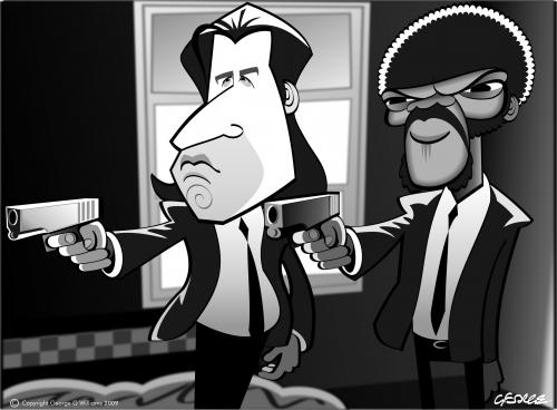 Cartoon: Pulp Fiction (medium) by spot_on_george tagged jules,vince,vega,john,travolta,samuel,jackson,caricature