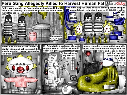 Cartoon: Gang killed to harvest human fat (medium) by bob schroeder tagged comic,webcomic,police,gang,jungle,killing,fat,corpses,black,market,cosmetics,suspects,bottles,liquid,human,capital,professor,plastic,surgery,donate,tissues