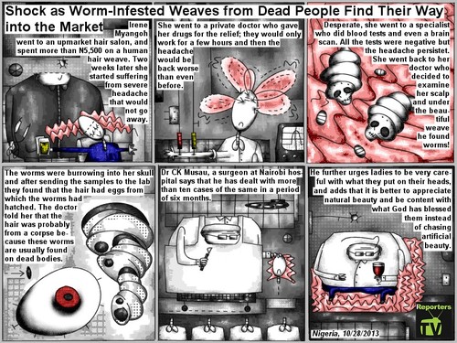 Cartoon: infested weaves (medium) by bob schroeder tagged hair,weaves,human,worms,scalp,death,headache,corpse