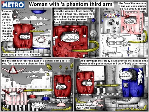 Cartoon: Woman with phantom third arm (medium) by bob schroeder tagged comic,webcomic,stroke,victim,phantom,arm,limb,doctors,phenomenom,out,of,body,experience