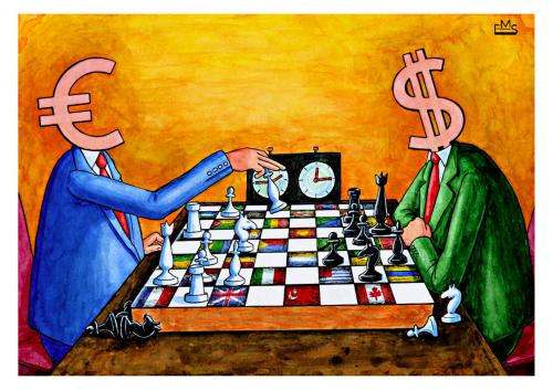Cartoon: Checkmate (medium) by Makhmud Eshonkulov tagged financial,crisis,currencies,chess
