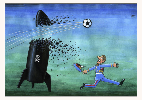 Cartoon: Football vs. Bombs (medium) by Makhmud Eshonkulov tagged football,war,bombs