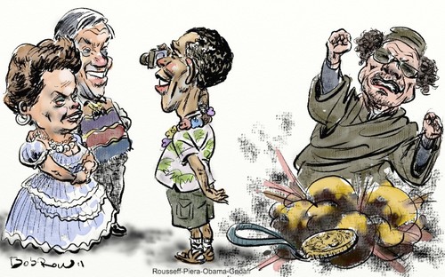 Cartoon: Rousseff_Pinera_Obama_Gaddafi (medium) by Bob Row tagged brazil,chile,rousseff,pinera,obama,usa,gaddafi,libya