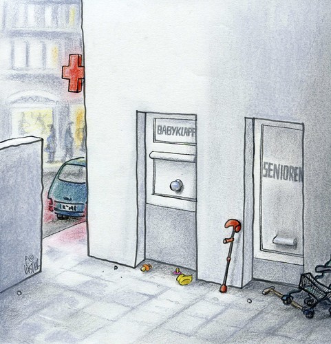 Cartoon: seniorenklappe (medium) by Petra Kaster tagged seioren,babyklappe,pflegeversicherung,altenpflege,diakonie,caritas