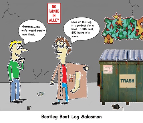 Cartoon: Booleg Salesman (medium) by hovermansion tagged severed,leg,bootleg,salesman,customer,alley,way,deals,shady,guy