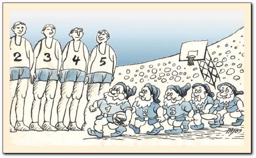 Cartoon: basket-ball (medium) by penapai tagged dwarfs,zwerge,schneewittchen,basketball,korb,dunking,riesenspieler,sport,lächerlich,größe,platz,stadion,team,mannschaft