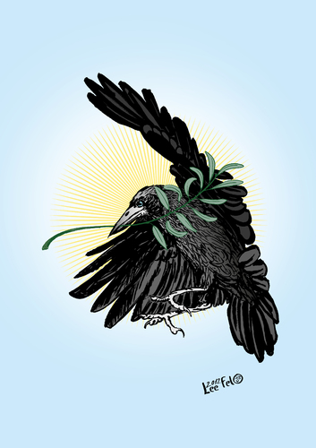 Cartoon: rook of peace (medium) by LeeFelo tagged gray,white,claw,beak,black,feathers,bird,holly,renewal,spring,hope,magic,mystic,peace,branch,olive,raven,crow