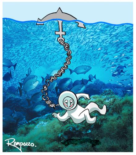 Cartoon: Dive (medium) by Marcelo Rampazzo tagged dive,taucher,tauchen,ozean,meer,fische,anker,verkehrt,schwimmen,oben,unten,gewicht,physik