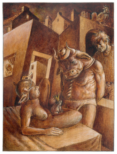 Cartoon: Die Höhle des Minotaurus (medium) by Thomas Bühler tagged griechenland,tier,erotik,frau,mythen,sagen,stier,mann,minotaurus