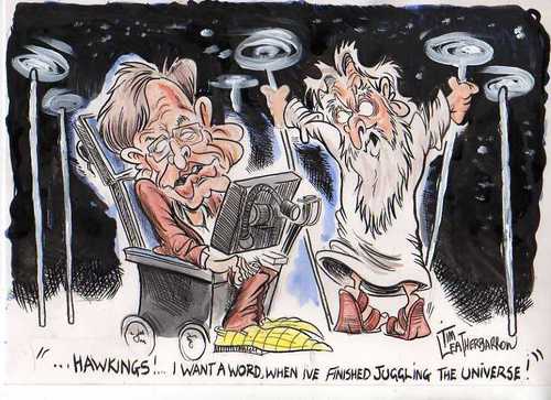 Cartoon: STEPHEN HAWKING v GOD (medium) by Tim Leatherbarrow tagged stephen,hawking,god,universe,tim,leatherbarrow