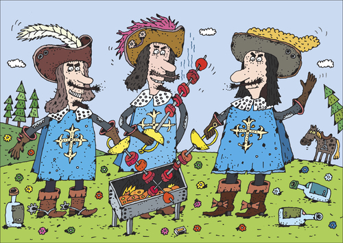 Cartoon: die drei Musketiere (medium) by Sergei Belozerov tagged musketier,barbecue,degen,schaschlik