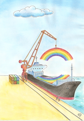 Cartoon: Regenbogen-Schiff (medium) by Erwin Pischel tagged regenbogen,schiff,container,hafen,kran,verladen,industriehafen,rainbow,ship,harbour,pischel