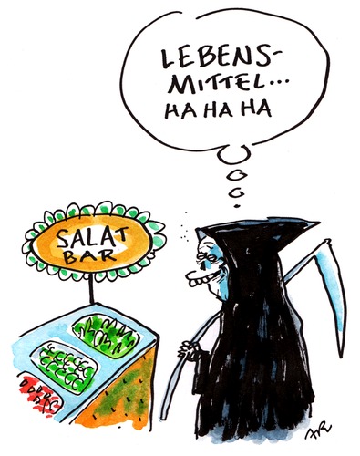 Cartoon: salat (medium) by ari tagged ehec,salat,bar,lebensmittel,gemüse,bakterien,sensenmann,tod,vegetarisch,gurke