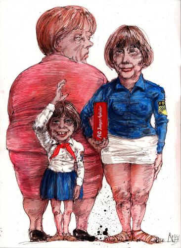 Cartoon: Angela Immer bereit (medium) by Rainer Ehrt tagged merkel,angela,kanzlerin,jungpionier,fdj,ddr,bundesrepublik,deutschland