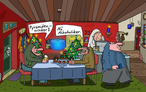 Cartoon: Gastwirtschaft (medium) by Leichnam tagged tisch,zu,gäste,kneipe,theke,bier,whisky,alkoholiker,pyramide,säufer,trinker,weihnachtsbaum,gastwirtschaft