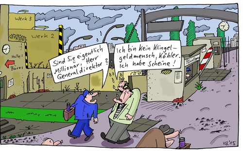 Cartoon: Herr GD (medium) by Leichnam tagged arbeitswelt,boss,chef,untergebener,arbeiter,worker,millionär,klingelgeld,scheine,schichtbeginn,büro,generaldirektor,firma