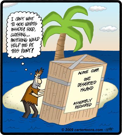 Cartoon: Island Crate (medium) by cartertoons tagged deserted,island,stranded,package,crate,water,sea,ocean,box,palm,tree,man