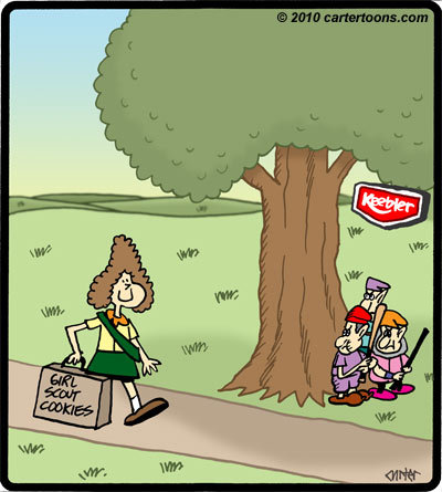 Cartoon: Keebler ambush (medium) by cartertoons tagged keebler,elves,girlscout,cookies,tree,ambush