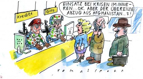 Cartoon: Bankfriedenstruppe (medium) by Jan Tomaschoff tagged financial,crisis,wall,street,bankers,bankensterben,bundeswehr,auslandseinsatz,afghanistan