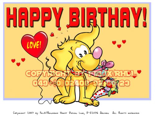 Cartoon: Happy Birthday Cartoon (medium) by FeliXfromAC tagged nice,animals,tiere,tier,logos,sympathiefiguren,mascots,wallpapers,characters,characterdesign,figuren,hey,melde,dich,whimsical,felix,alias,design,line,red,love,herzen,beziehung,aachen,sorry,greeting,card,lighter