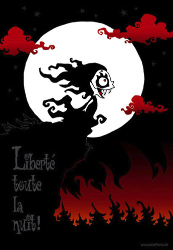 Cartoon: Liberte toute la nuit (medium) by volkertoons tagged volkertoons,duke,macabre,nosfera,vampir,vampire,vampöse,bose,mädchen,girl,tot,untot,nacht,nuit,night,freiheit,freedom,liberte,feuer,vollmond,moon,gothic,halloween