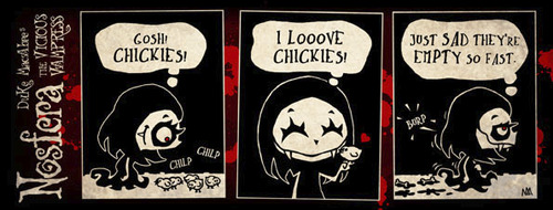 Cartoon: Nosfera - Chickies (medium) by volkertoons tagged volkertoons,duke,macabre,nosfera,comic,strip,cartoon,lustig,funny,humor,fun,vamipr,vampire,vampires,chick,chicken,chicks,chickies,chicklet,küken,kücken,hühnchen,vampöse,böse,süß,sweet,cute