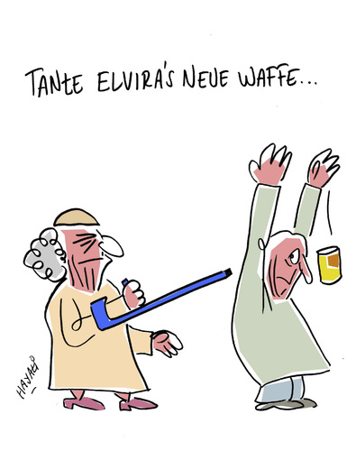 Cartoon: Elvira und Hartmut (medium) by Hayati tagged elvira,und,hartmut,waffe,laufstock,krücke,hayati,boyacioglu